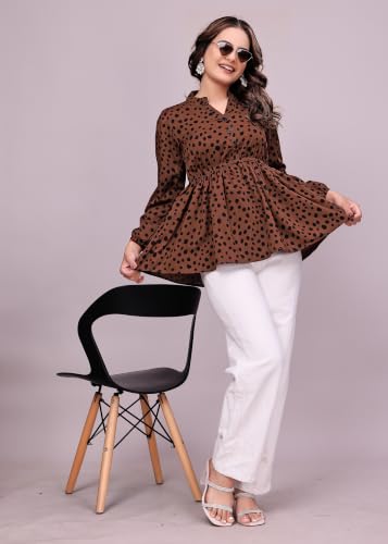 Image of NEW Women's Stylish Brown Polka Dot Crepe Fabric Tunic Top | Full Sleeves Collared Neck Peplum | Flared Fit Trendy Ladies Top