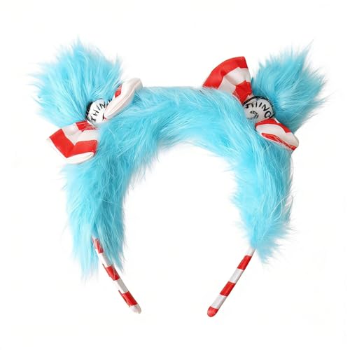 HIPIHOM Blue Fuzzy Headband with Red Bow Blue Hairband Costume Accessory Theme Party Costume Headbands