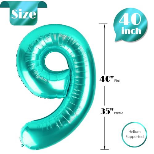 Image of Teal Blue 9 Balloon, Number Balloons 40 Inch, 9th Giant Birthday Decorations, 19th 29th Party Decorations Supplies, Number 9 Balloon