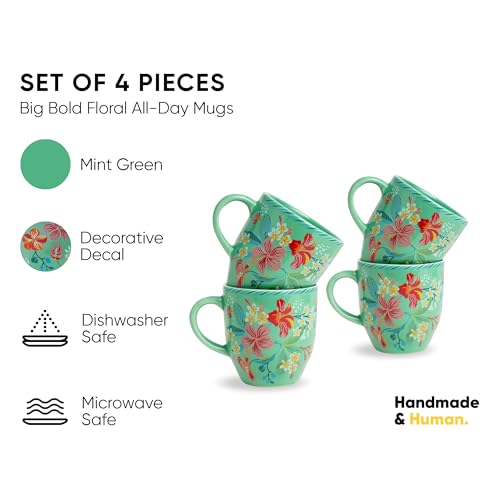 Image of Shay Ceramic Coffee Mug Set, Set of 4, 300ml, Big Bold Floral | Medium Mug | Glossy Finish | Ceramic Cup | Microwave Safe (Mint Big Bold Milk Mug, Set of 4)