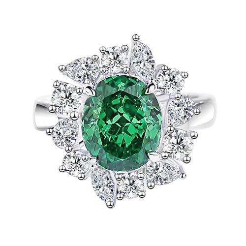 Tolldek Anillo de boda de oro blanco Au585, flores para parejas con laboratorio, color verde esmeralda, talla 56 (17,8)