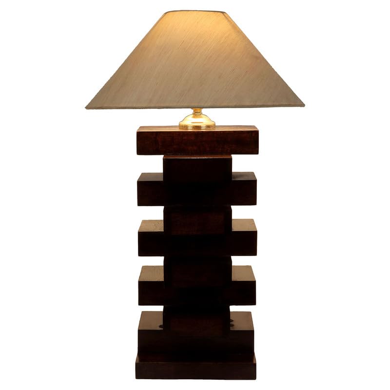 Image of tu casa Table Lamps with Mango Wood Base & Off-White Cotton Shades for Home Decor, Bedrooms, Living Room, Gifting, Diwali Decoration, Dining Space, Study Room, Hall (Height- 54cm) - Bulb not Included