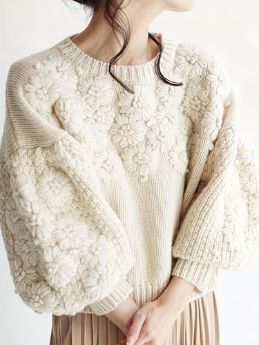 Women's Elegant Floral Embroidered Lantern Sleeves Print Crew Neck Loose Knitted Pullover Sweater Tops4