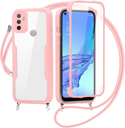 Cover per Oppo A53S/A33 2020/A32/Oppo A53 con Cordino, 360 Gradi Antiurto Custodia con Protezione Schermo Integrata Trasparente Rugged TPU Bumper Doppia Protettiva Cover per Oppo A53S -Rosa