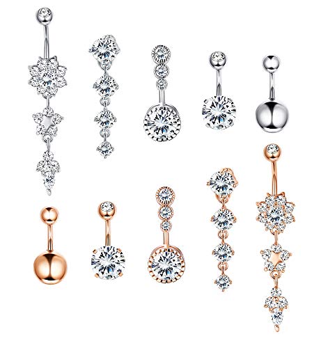 YADOCA 14G 10 Pcs Stainless Steel Belly Button Rings for Women Body Curved Barbell Dangle Body Piercing Set Navel Bar Rings CZ Inlaid Silver-Tone Rose Gold