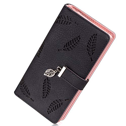Geldbeutel Damen Leder, Geldbörse mit Hohle Blätter Gross Geldbörse Damen Groß Viele Fächer mit Handyfach Portemonnaie Frauen RFID Schutz Reißverschluss RFID-Schutz Lang Portemonnaie (Schwarz)