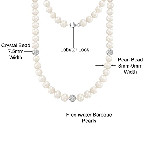 Savlano 8-9MM Cultured Freshwater Baroque Natural White Pearl Crystal Bead Necklace 17-inch, For Women Comes with Gift Box3