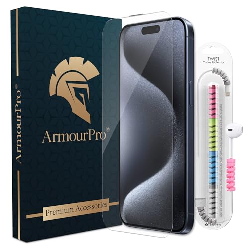 Image of ArmourPro Military-Grade Borderless Tempered Glass for iPhone 15 Pro Max and 14 Pro Max (6.7 Inch) with Edge to Edge Protector Coverage, Cable Protector and Easy Installation Kit | Anti Dust Mesh Filter