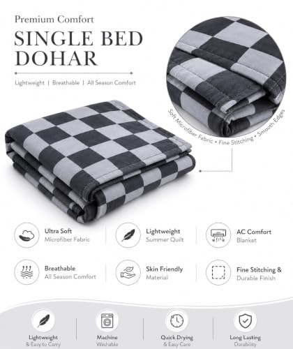 Image of Single Bed Dohar Modern Grey Check | Lightweight Summer Quilt | Soft Microfiber AC Blanket | Breathable All Season Comforter | Skin Friendly Bed Cover