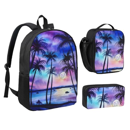 Mochila escolar ligera negra con estampado de palmera kit escolar 3 en 1 2