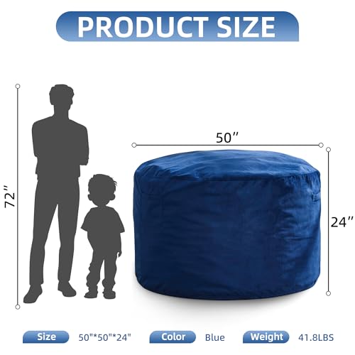 Image of Hobestluk Adults Bean Bag Chair 5FT Big BeanBag Chair Giant Large Oversized | Memory Foam,Washable Cover,Velvet Fabric,Side Pocket,Handle,Bedroom Living Room Big Adults Bean BagReading Gaming | Blue 5FT