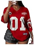 WDIRARA Women's Oversized Jersey Shirts Number Graphic Tee V Neck Half Sleeve T-Shirt Tops Red Small