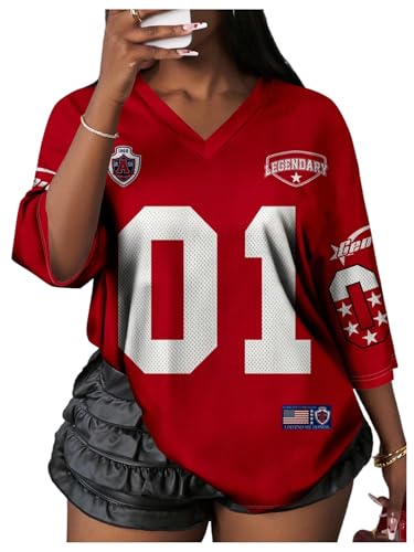 WDIRARA Women's Oversized Jersey Shirts Number Graphic Tee V Neck Half Sleeve T-Shirt Tops A Red Medium
