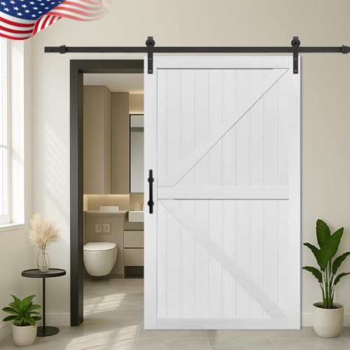 Image of S&Z TOPHAND 46in x 84in MDF Barn Door with 8FT Sliding Door Hardware Kit, Solid Barn Door Slab Covered with Water-Proof PVC Surface