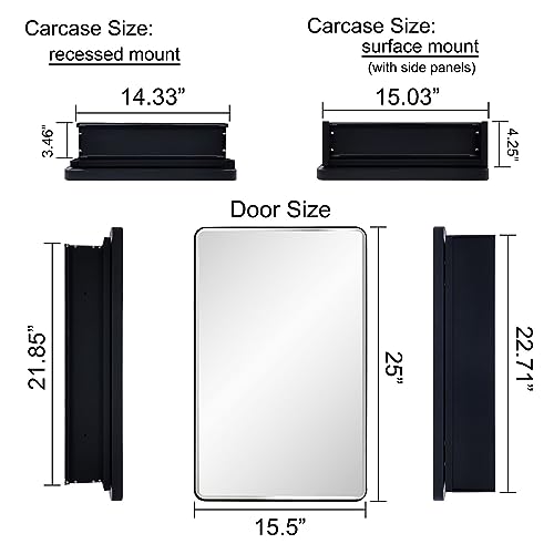 Image of IDYLLOR Black Bathroom Mirror Medicine Cabinet with Round Corner Framed Door and Beveled Edge Mirror 15 x 25 inch, Recessed or Surface Mount, with Adjustable Glass Shelves