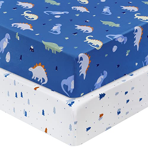 Image of David's Kids 100% Cotton Fitted Crib Sheets, 2 Pack Ultra Soft Breathable Comfortable Baby Sheet Set for Boys Girls Neutral, 28x52 Inch Fits Standard Crib and Toddler Mattresses, Dinosaur
