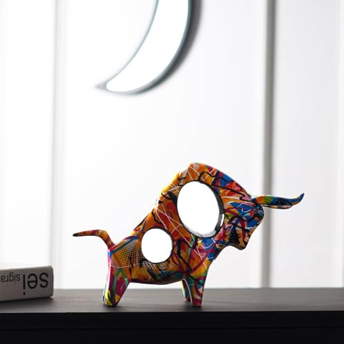 Image of The Artment your artistic apartment Bullseye Resin Abstract Bull Sculpture, Hand-Painted Colorful Cutout Decor, Modern Art Showpiece for Living Room, Bedroom & Office, 8.2 Inch Statement Figurine