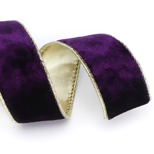 Image of Ribbli Purple Velvet Wired Ribbon 1.5 Inch Metallic Purple Gold Crushed Velvet Christmas Ribbon for Gift Wrapping Christmas Tree Decoration Crafts Wreaths Supplies-Continuous 10 Yards