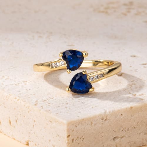 1CT Adjustable Women Heart Ring 14K Gold Plated Birthstone Rings for Women Promise Ring for her Simulated Gemstone Statement Stackable Band Width 2mm Open Size 5~93