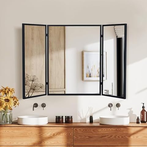 blue page 3 Way Black Mirror for Bathroom Sink, Trifold Large Mirror Wall Bathroom Vanity Mirror with Frame, Hanging Framed Mirror Rectangle 41x26 Inches Cover