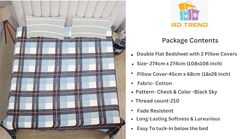 Image of RD TREND Presents Luxurious Supersoft Cotton Feel 210 Tc (100x108 Inch) bedsheet for Double Bed King Size with 2 Pillow Covers Size 18x28 (Black Check, King Size 100x108)