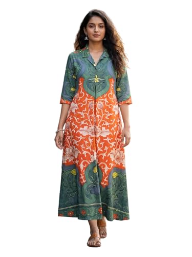 Image of HELLCAT Floral Brown Women Dress|New Trending Dress for Women|Western 3 /4 Sleeve A-line