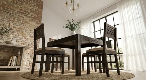 Image of RECTART Solid Wood Dining Table Set with Chairs for Living Room Home | Wooden Dining Room Sets Furniture for Hotels and Restaurants | (CNC-Cream-W, 4 Seater)