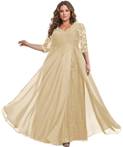 Ontoefy Plus Size Mother of The Bride Dresses for Wedding Sequin Lace V-Neck Chiffon Long Formal Evening Gowns Champagne 18W