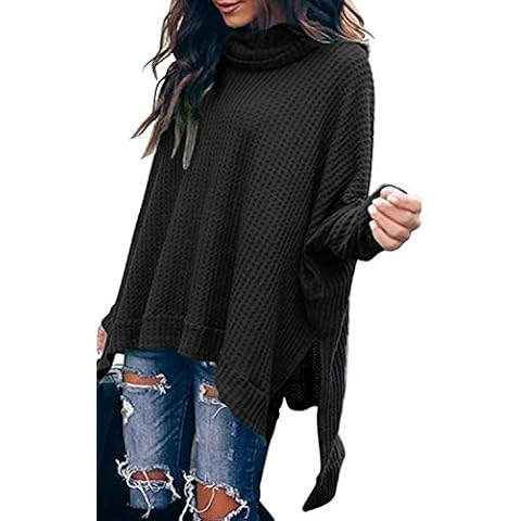 ASHER FASHION Women Casual Turtlenck Batwing Long Sleeve Waffle Knit Pullover Sweaters Oversized Loose High Low Tunic Tops, Black, M Cover