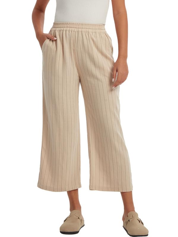 Les umes Damen Weitbeinige Hose Hochtailliert Leinen Viskose Mix Harem Plus Size Crop Elastische Taille Sommer
