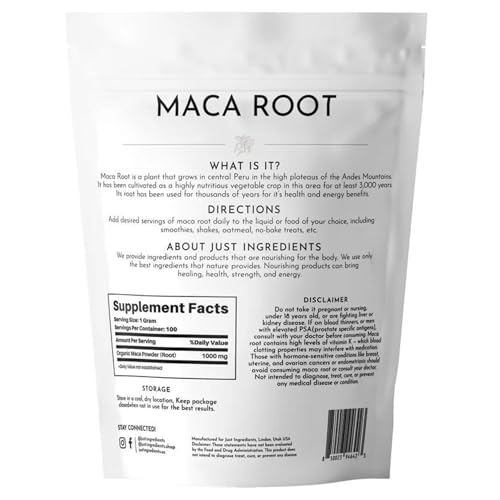 Image of JUST INGREDIENTS Organic Maca Root Powder | 100 Servings | 100% Organic & Vegan Superfood | Supports Natural Wellness and Hormonal Balance | No Artificial Additives