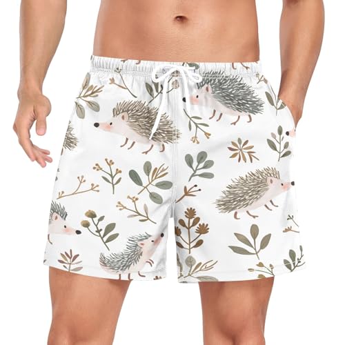 Hedgehog and Leaves Men's Swim Trunks with Liner Quick Dry Beach Shorts Swimwear Bathing Suit S-XXL