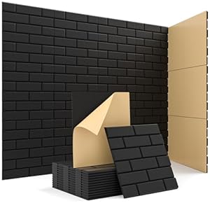 Acoustic Wall Panels, Brick Pattern Peel and Stick Sound Absorbing Panel for Ceiling, Door, Pared, 18 Pack 12″x12″x0.4″, Black Decorative Self Adhesive Wall Tiles for Recording Studio, Room