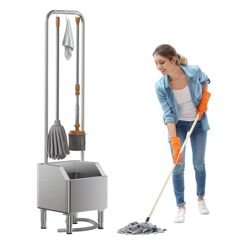 Stainless Steel Utility Sink & Laundry Sink with Tool Hooks，Overflow-Proof Mop Sink with 15° Tilted Edge, 5 Hooks for Swiffer Wet Jet Mop & Cleaning Tools，for Laundry Room, Kitchen, Garage, Restaurant