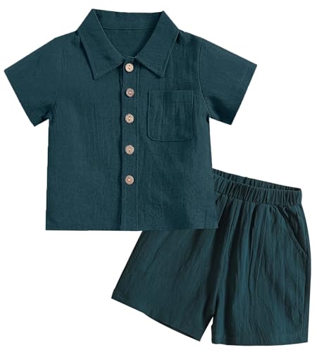 Happy Cherry Baby Sommer Outfits Leinen Set Babykleidung Hose und Kurzarm Knopfleiste T-Shirt Baumwolle Bekleidungssets 12-18M