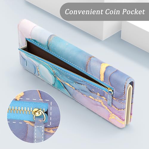 Wallet Women, Cute Marble RFID Blocking Credit Card Holder for Women, Slim Thin Leather Bifold Ladies Purse, Clutch Billfold Card Holder Wallets with 11 Card Slots & ID Window, Blue Ink4