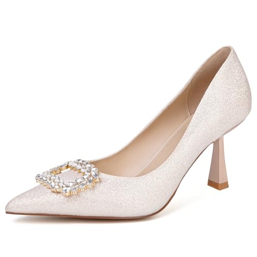 SUIARA Glitter Wedding Shoes Women Bride Gold Pointed Closed Toe Rhinestone Kitten Heels Glitter Slip On Stiletto Bridal Pumps Party