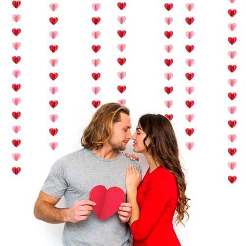 Image of Galentines Party-Decorations Valentines-Day 3D-Heart Garland - 40ft Red Pink Streamers Paper Banner, Proposal Anniversary Romantic Birthday Baby Shower Rustic Wedding Hanging Ornaments Decor Hugfond