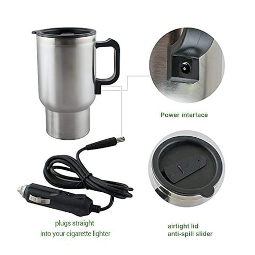 Image of Portable Car Tea Kettle 12V With Usb Cable For Travel | Electric Stainless Steel Heated Cup | Coffee Mug With Charger For Vehicle Cigarette Lighter Tea Water Boiler for Drivers Road Trip 450 ML