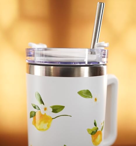 Image of 1200ML Stainless Steel Tumbler Hot and Cold with Handle and Lid and 2 Straws, Double Insulated Cup Leak Proof Mug Cupholder for Gym, Travelling (White Summer Lemons)