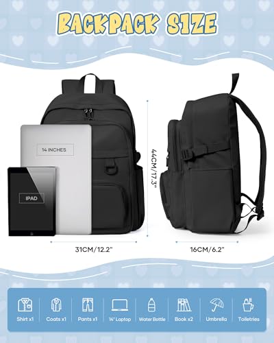 Image of Black Lightweight Backpack for College & High School Backpack With Lots of Pockets Cute School Bag for Girls Boys, Large Capacity Bookbag for Women Men, Waterproof Teens Casual Daypack Backpack