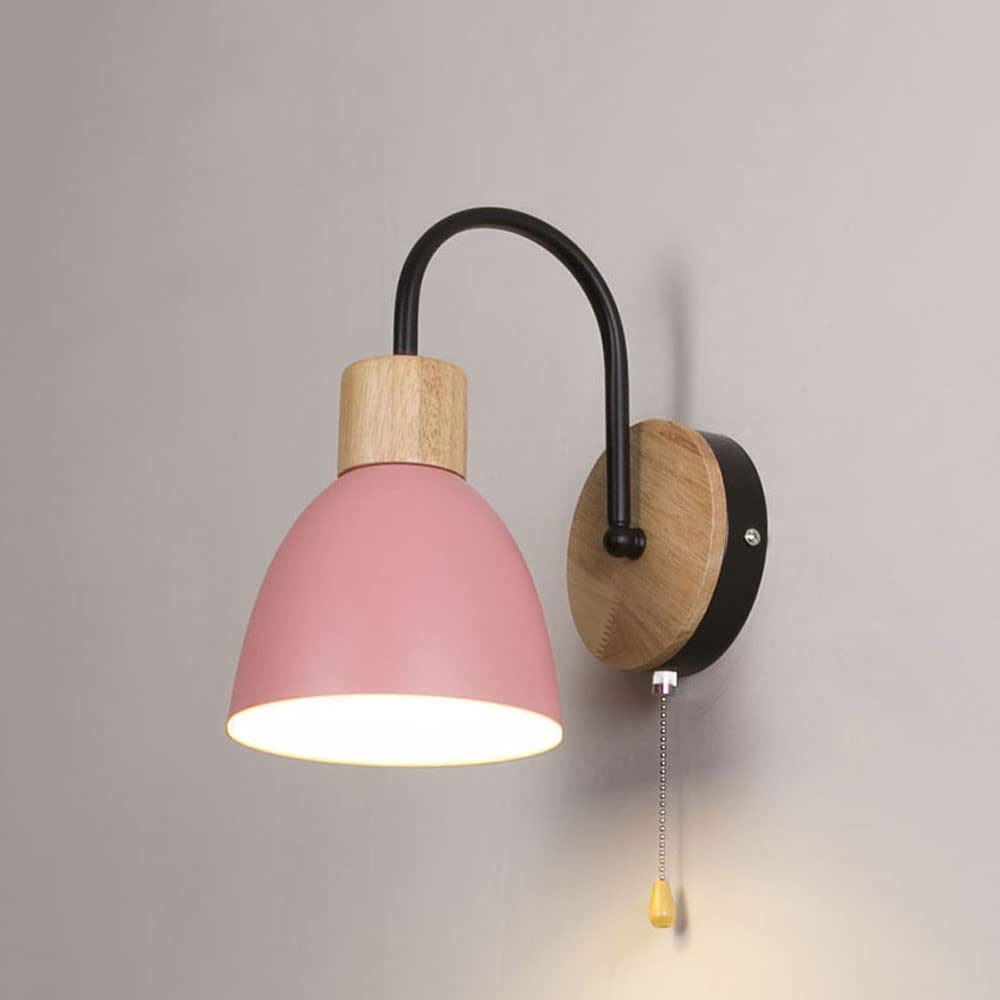 HYJAUSXB Modern Nordic Hardwired Wall Light - Wood Lamp with Pull Chain Switch Bedroom Bedside Headboard Lighting Mount Lights for Study Room, Hallway, Foyer (Black-Green) (Black)