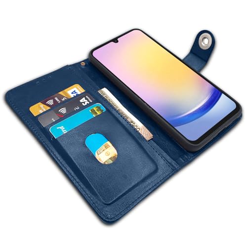 Image of Pikkme Samsung Galaxy A25 5G Flip Cover Leather Finish | Inside TPU with Card Pockets | Wallet Stand and Shock Proof | Magnetic Closing | Complete Protection Button Flip Case (Blue)