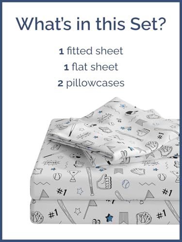 Image of Kids Full Baseball Blue Bed Sheets - 4 Piece Kids Baseball Blue Sheet Set | Baseball Blue Themed Bedding, Ultra-Soft, Cute & Cozy, Breathable & Machine Washable, Bed Set for Boys, Girls & Teens, Comfy