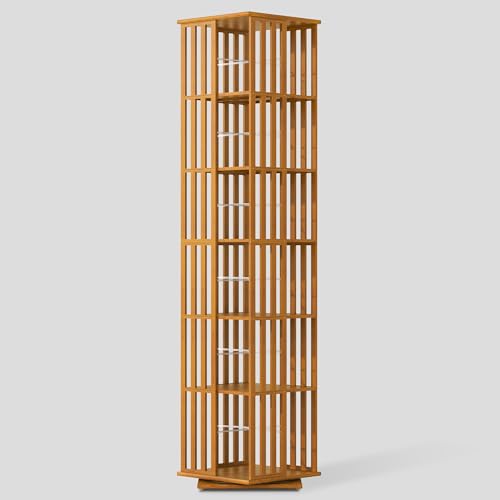 YOWOS Rotating Bookshelf Tower, 360 Display Spinning Bookcase, Bamboo Bookshelf Floor Standing Storage Rack, Wood Narrow Book Shelf Organizer for Kids&Adults, Walnut 6 Tier