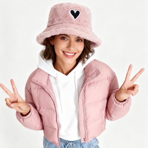 Image of Bucket Hat Women Furry Fuzzy Bucket Hats for Ladies, Winter Warm Fluffy Plush Faux Fur Hat for Women