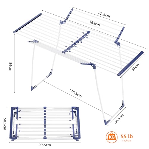 KINGBOARD Wäscheständer klappbar ausziehbar, Flügelwäscheständer 57 x 162 x 86 cm, Stabiler Standtrockner mit rutschfesten Füßen für Innen und Außen, Weiß