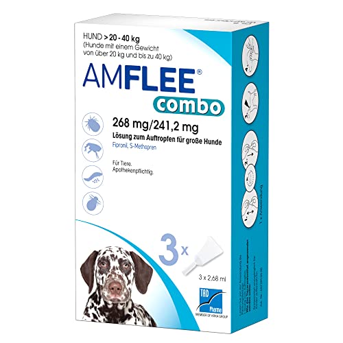 AMFLEE combo Flohmittel mit Fipronil & (S)-Methopren für Hunde, 268 mg/241,2 mg Lösung zum Auftropfen für Hunde von 20-40 kg, 3 Einzeldosis-Pipetten Cover