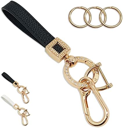 Car Keychain for Women Bling Leather Key Chains Women for Car Keys Fob Holder Keychain with Keyrings,D-ring,Bling Clip and Carabiner Clip for Women and Men (Black)
