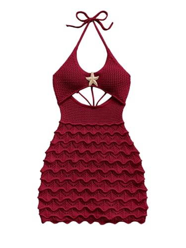 Image of GORGLITTER Women's Vacation Outfit Crochet Halter Knit Bubble Mini Dress Sexy Beach Cruise Summer Miami Resort Outfits
